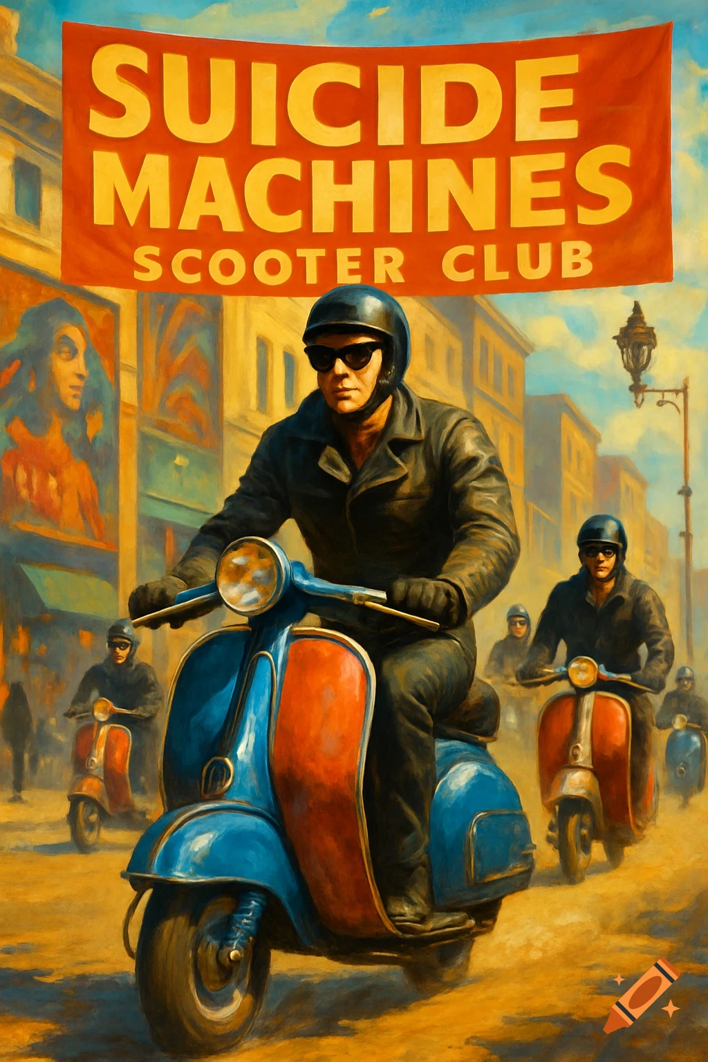 Retro oil painting of a man on a blue and red scooter, leading a 'Suicide Machines Scooter Club' parade on an urban street.