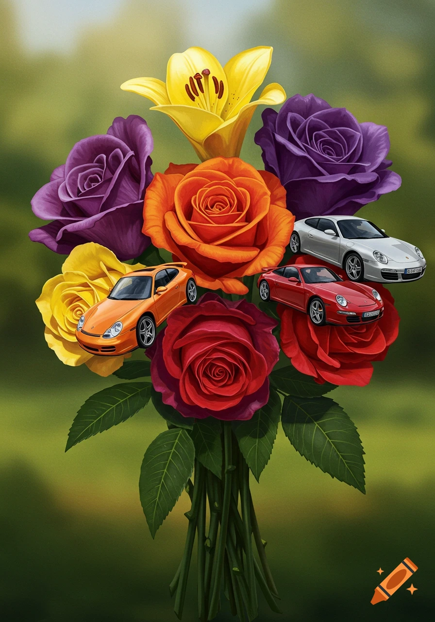 A vibrant bouquet of multi-colored roses and a lily, with different colored Porsche sports cars integrated as blossoms. The background is a soft green.