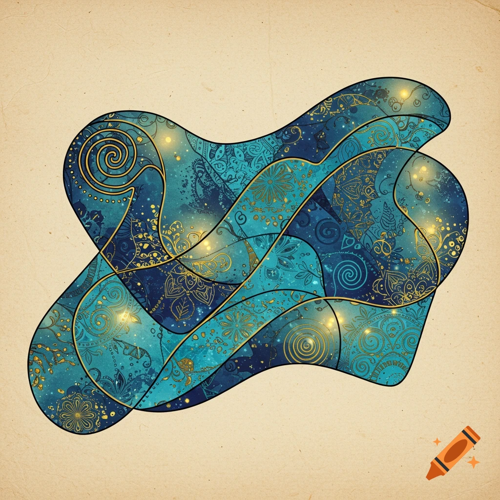 An abstract, fluid shape with multiple sections filled with intricate blue, teal, and gold mandala and floral patterns on a beige background.