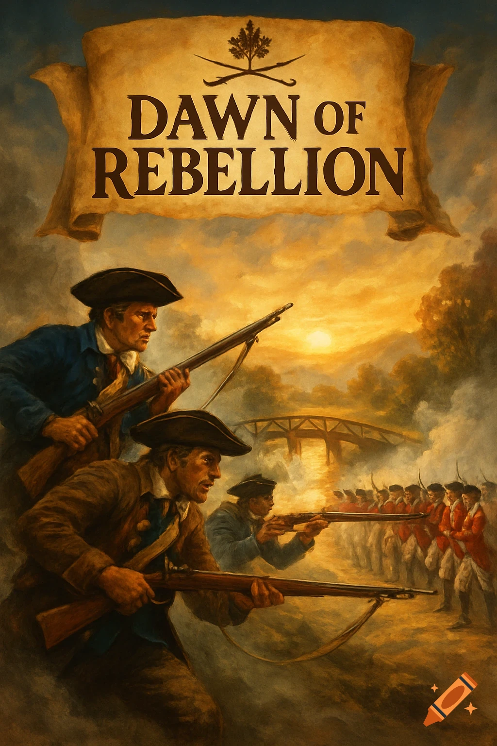 An oil painting style movie poster titled 'Dawn of Rebellion' depicting American militiamen and British Redcoats at sunset.