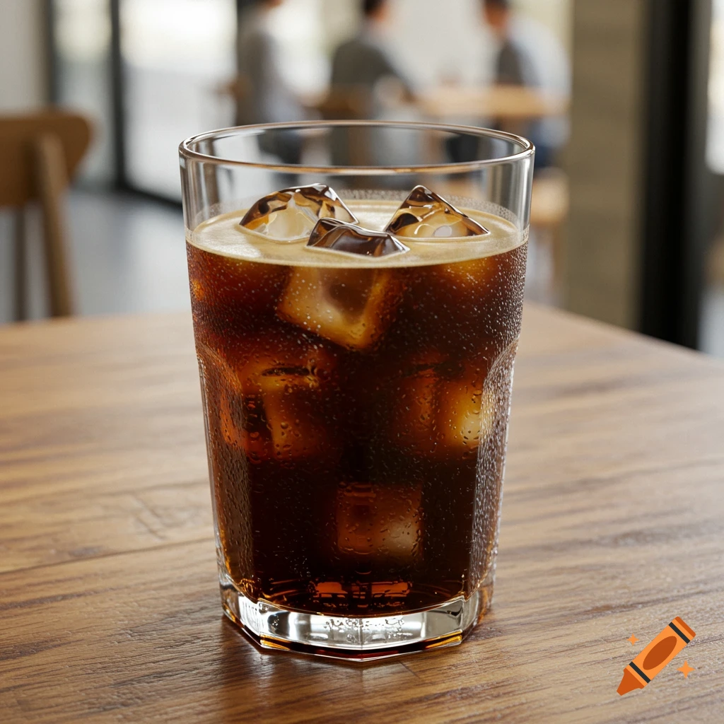 A transparent glass of iced coffee with clear ice cubes on a wooden cafe table, blurred background.