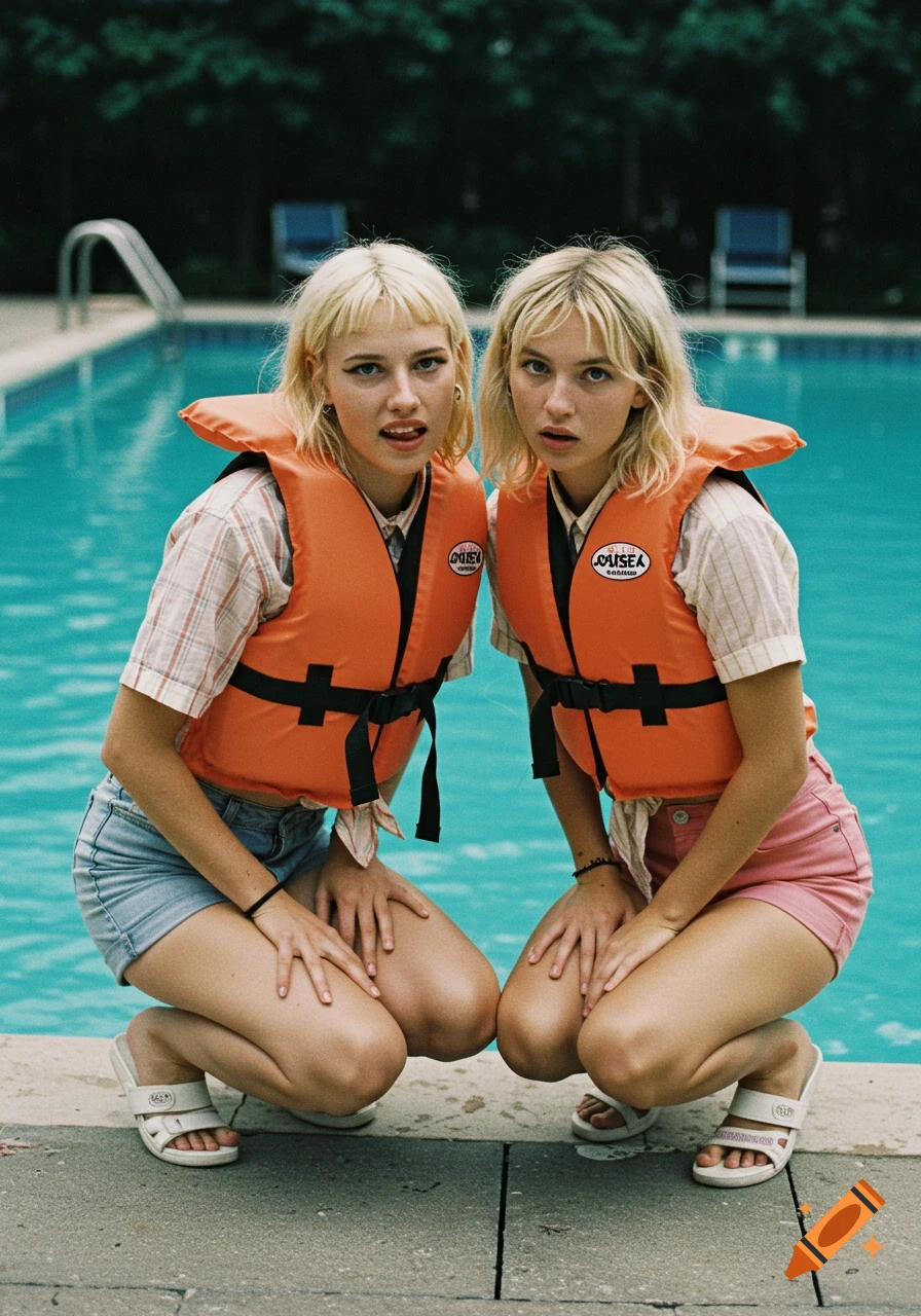 Two young blonde women in life jackets, plaid shirts, and shorts squat by a swimming pool, looking at the camera with faux-nervousness.