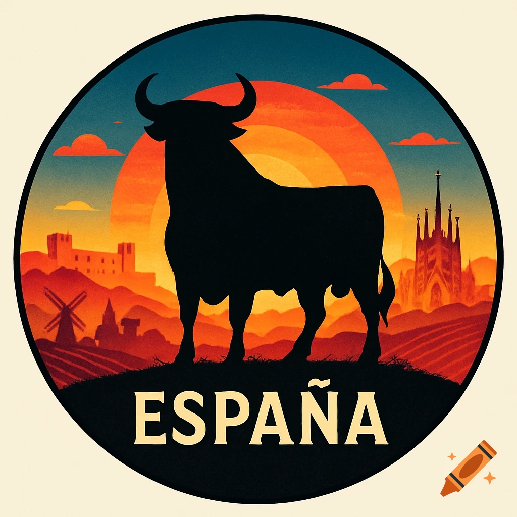 A circular graphic of a black bull silhouette against a sunset Spanish landscape with a castle, cathedral, and the word ESPAÑA.