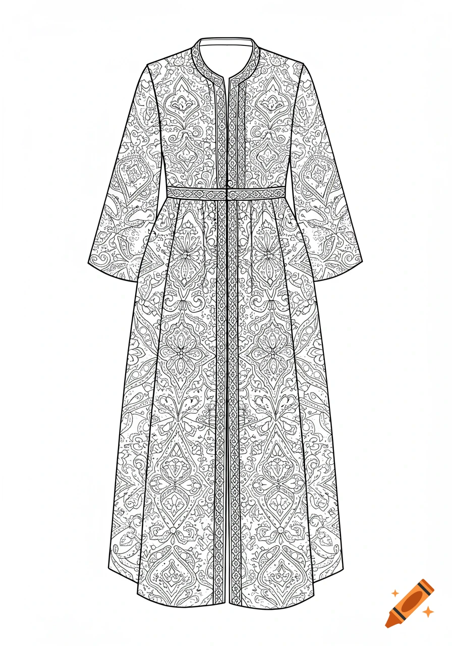 Black and white line art drawing of a full-length, traditional Kurdish-inspired long coat with intricate geometric patterns, wide sleeves, and a round neckline.