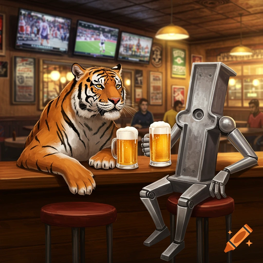 An illustrated tiger and a metal robot sit at a bar counter, both holding mugs of beer, with sports on TVs in the background.