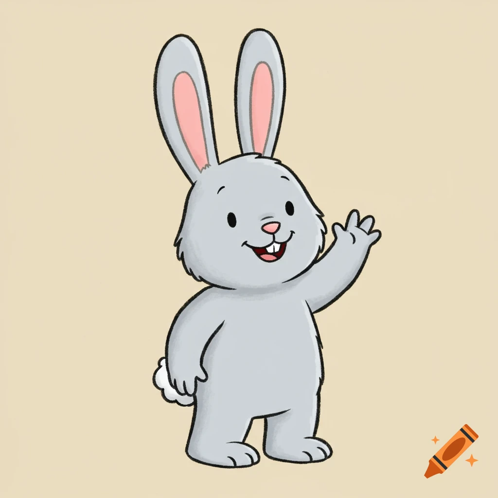 A cute light gray cartoon rabbit with pink ears and nose, smiling and waving, against a plain light background.