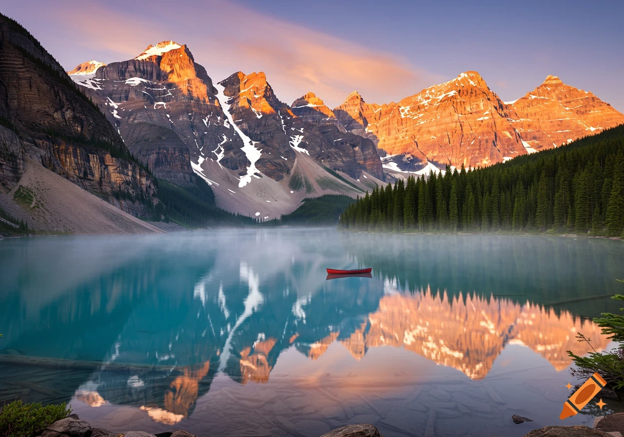 A stunning view of a turquoise lake with a red canoe, surrounded by snow-capped mountains and evergreen forests, under a colorful sunrise sky.