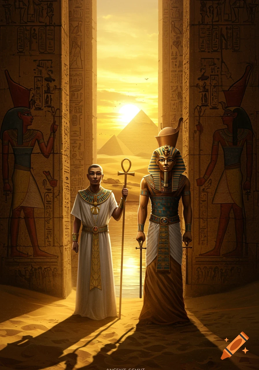 Two ancient Egyptian figures, one holding an Ankh, stand between hieroglyph-covered pillars facing a sunset over pyramids.