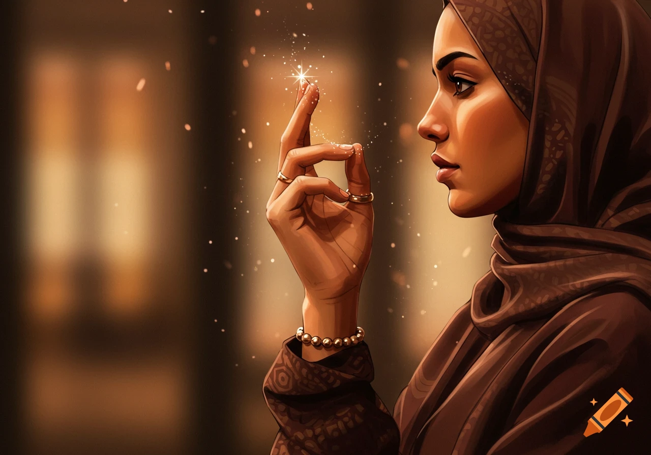 A woman in a brown hijab looks at sparkling light emanating from her raised fingertips, in a digital art style.