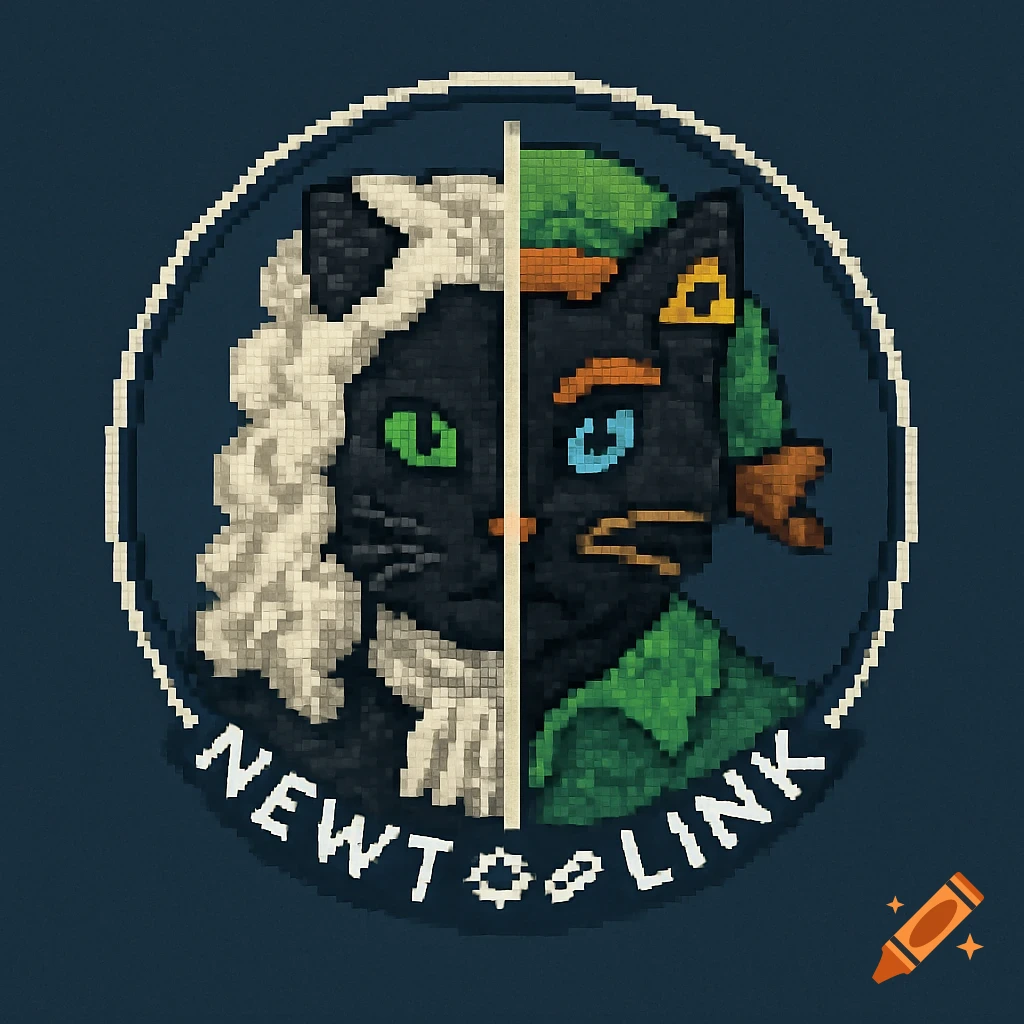 Pixel art logo of a black cat's head, split. Left half as Isaac Newton in a white wig, right half as Link in a green cap. Text 'NEWT LINK' is at the bottom.