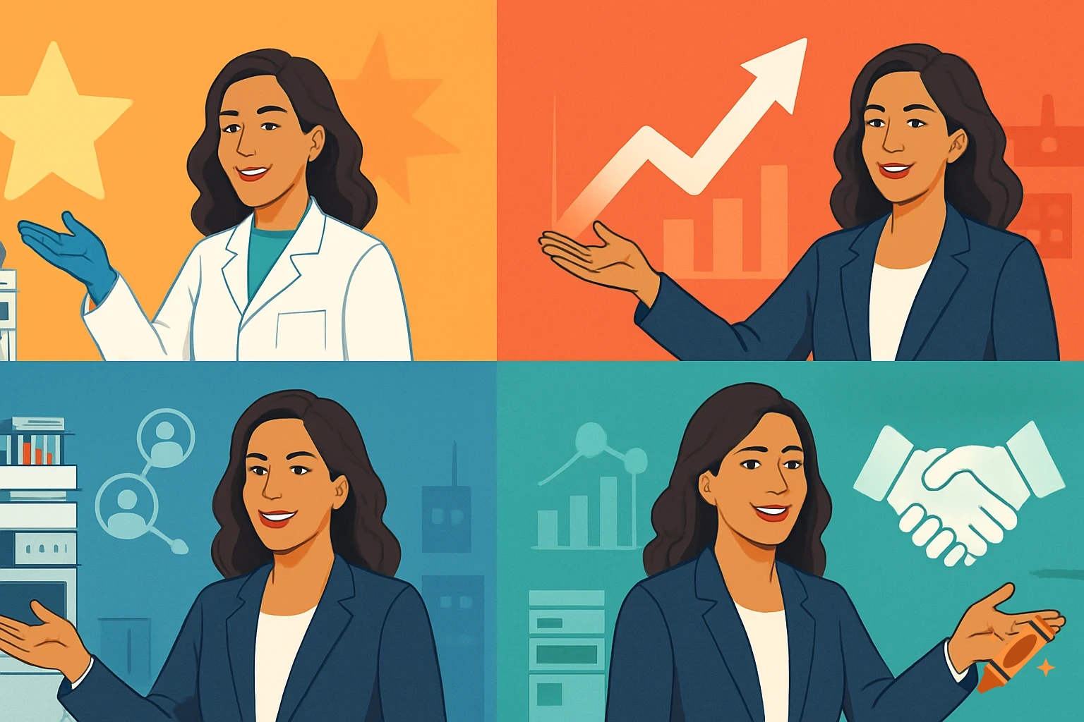 Four schematic illustrations of a professional Latina woman in scientific and business settings, featuring growth charts, stars, and handshakes.