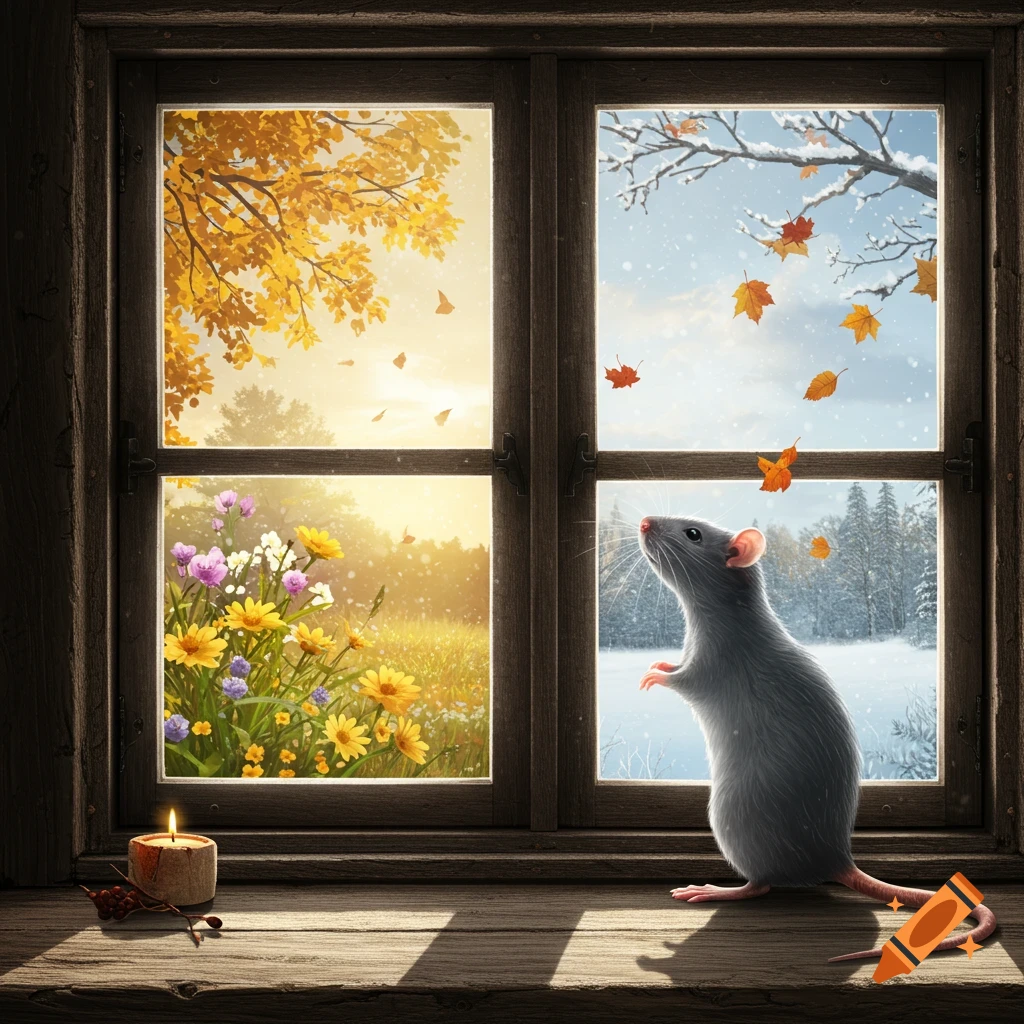 A grey rat stands on a wooden windowsill, looking out a four-pane window that shows autumn on the left and winter on the right, with a lit candle.