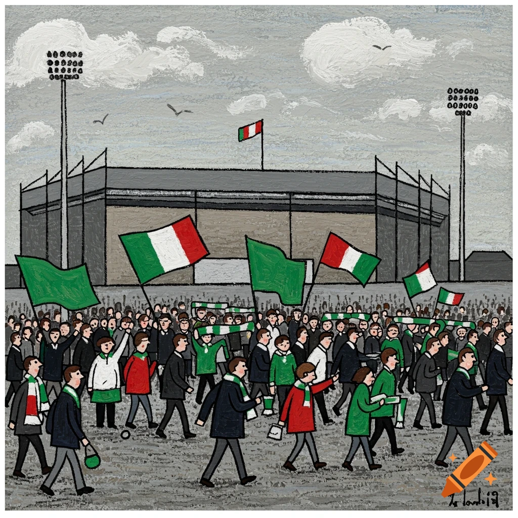 Fans with green and red flags walk towards a stadium under a cloudy sky, painted in the style of L.S. Lowry.