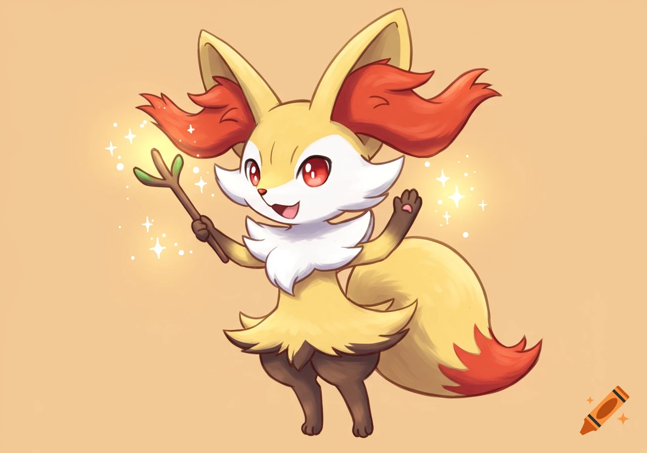 A cute, stylized anime Braixen Pokémon waves, holding a magical glowing stick on a light orange background.