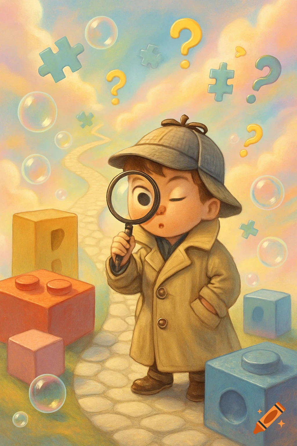 Whimsical illustration of a child detective with a magnifying glass on a winding path, surrounded by blocks, puzzle pieces, and bubbles.