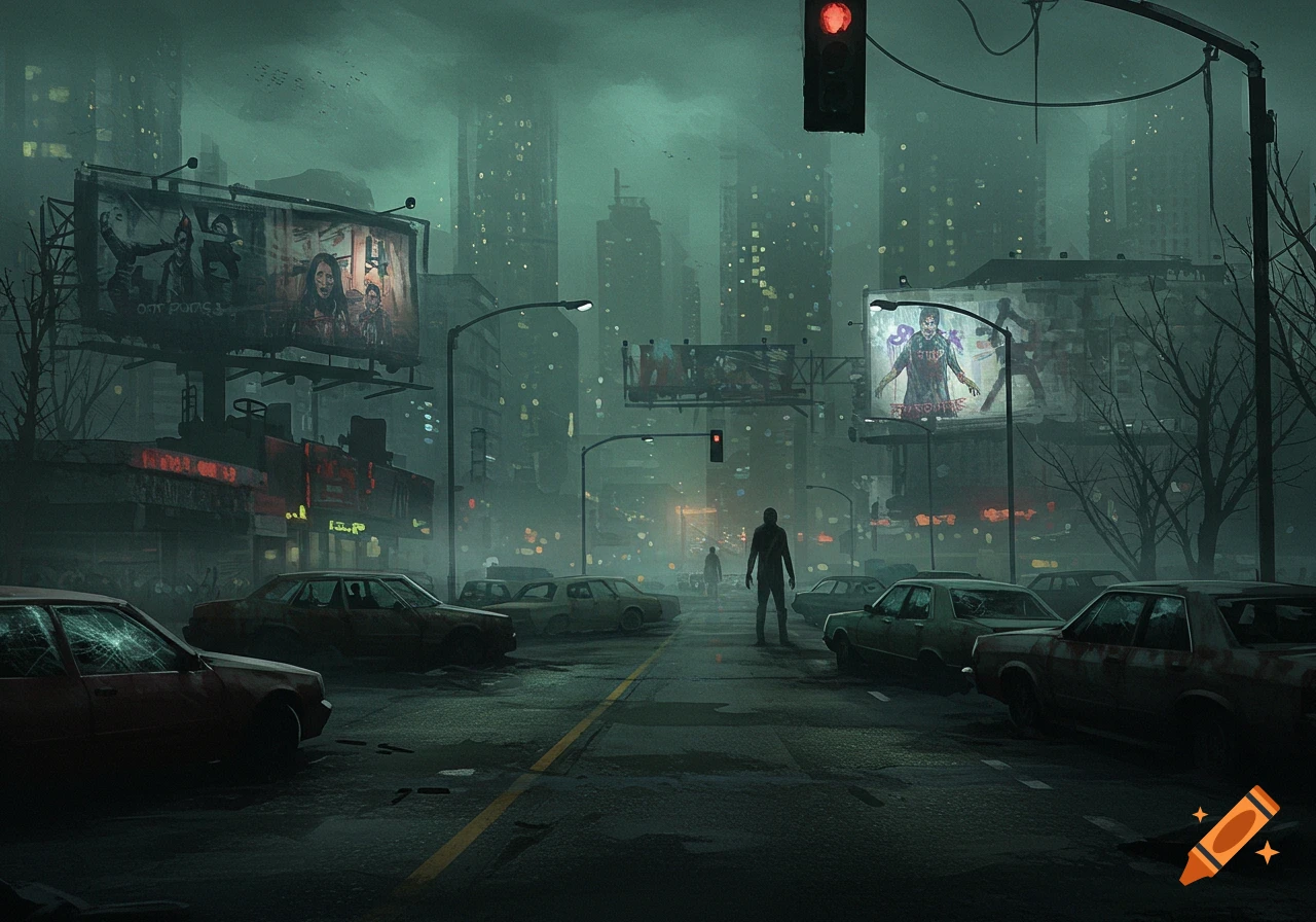 A dark, misty, post-apocalyptic cityscape with abandoned cars and silhouetted zombie-like figures on a street.