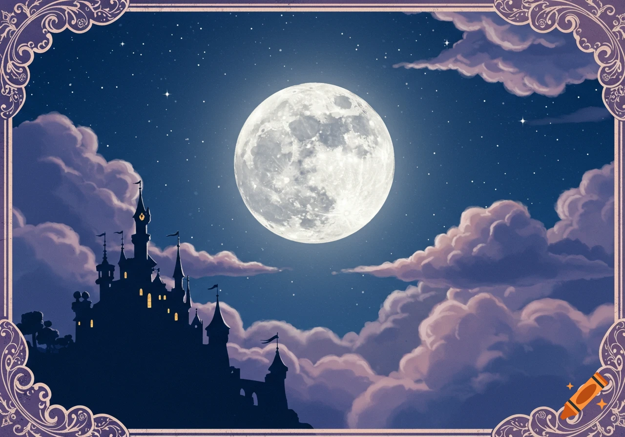A stylized illustration of a dark castle silhouette under a bright full moon in a starry night sky with purple clouds, framed by an ornate border.