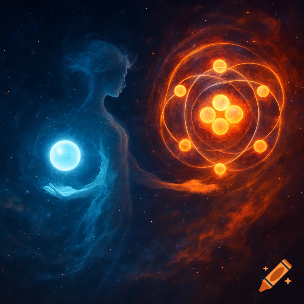 Ethereal blue figure holding a glowing orb next to a luminous orange atom structure in a cosmic setting.