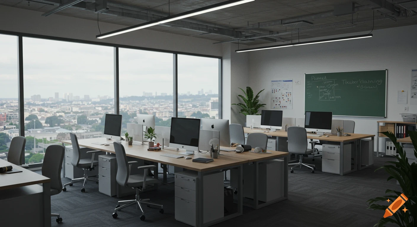 A modern open-plan office with desks, computers, and chairs, featuring large windows overlooking a city skyline. Photorealistic style.