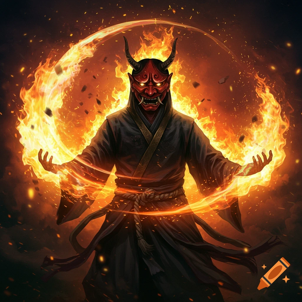 A horned figure wearing a red Oni mask and black robe stands amidst a swirling fiery aura in a dark fantasy digital illustration.
