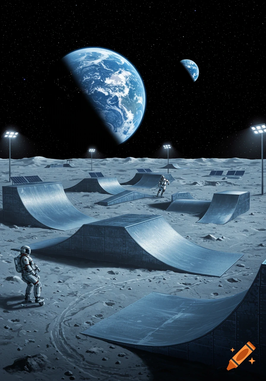An astronaut skates on a lunar skatepark under the watchful eye of Earth and a smaller moon, illuminated by floodlights.