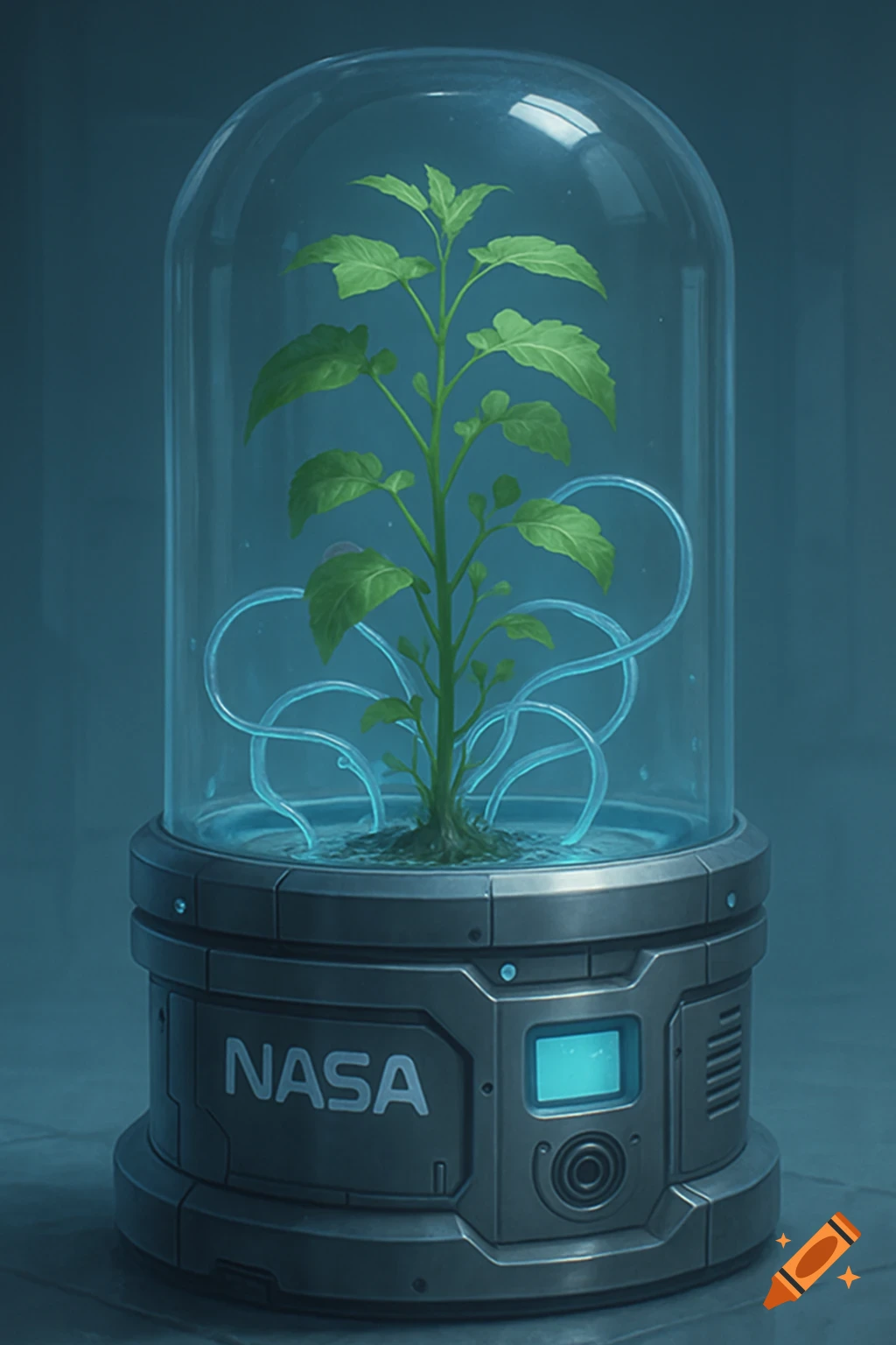 A vibrant green plant grows inside a futuristic NASA glass bell jar chamber, with glowing blue tubes feeding it water.