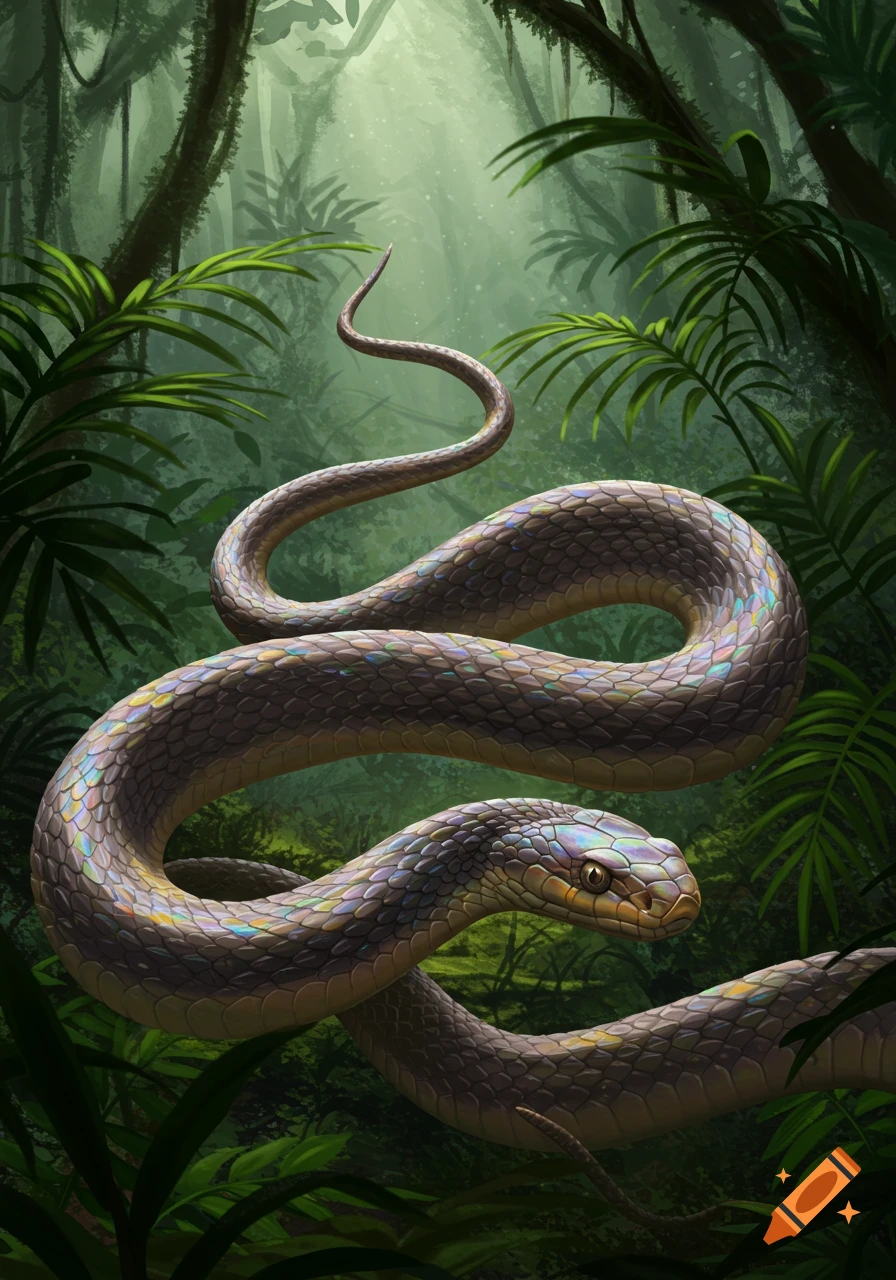 A detailed digital painting of a coiled iridescent snake with shimmering scales in a lush, green jungle.