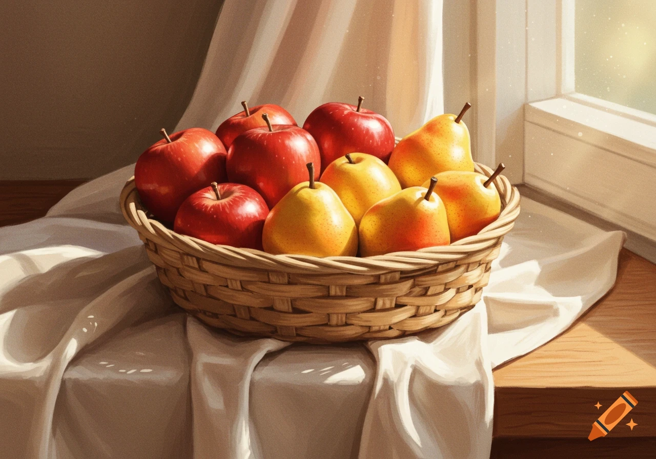 A still life painting of a wicker basket filled with red apples and yellow pears, sitting on a white cloth near a sunlit window.