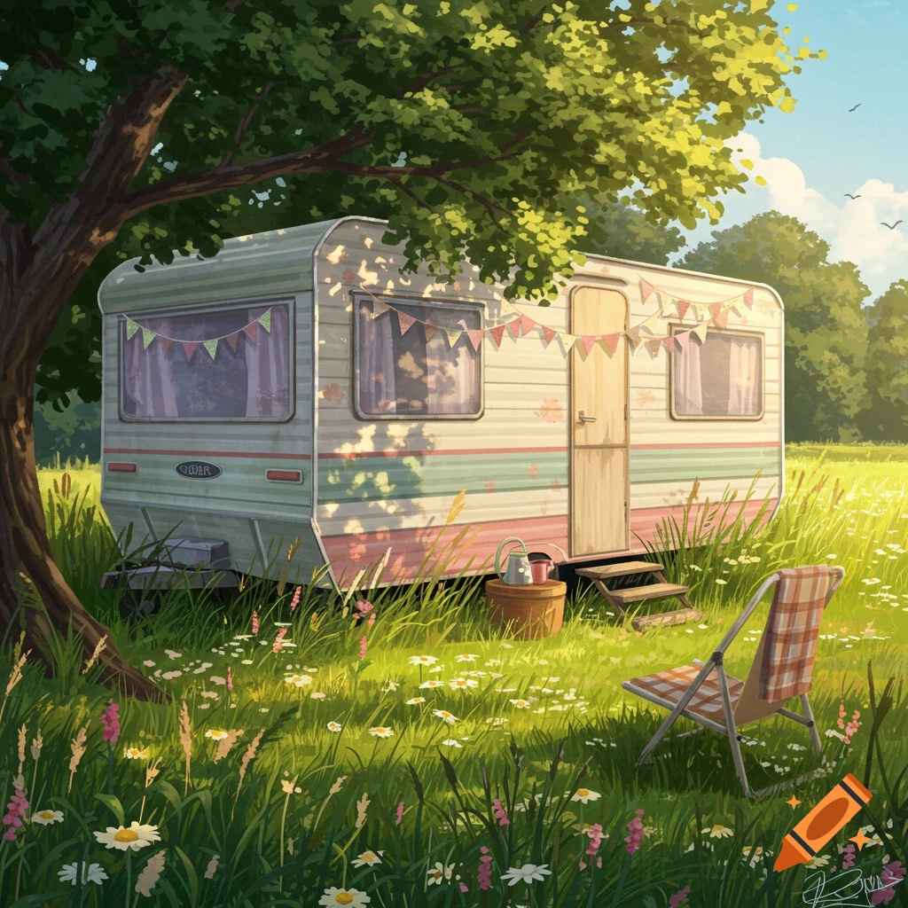 A colorful caravan under a large tree in a sunny, wildflower-filled meadow, with a deck chair and small table nearby, in an illustration style.