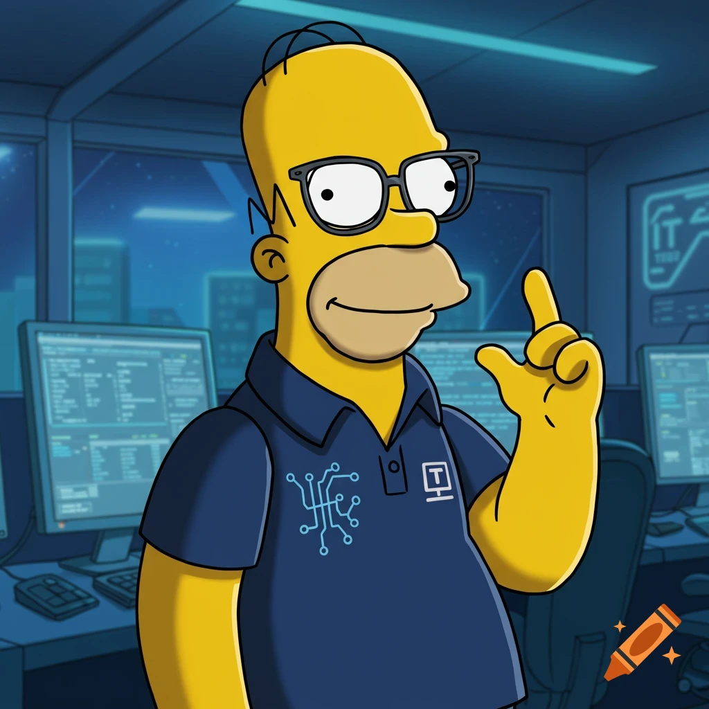 Cartoon Homer Simpson as an IT support geek, wearing glasses and a polo shirt with a tech logo, pointing in a server room.