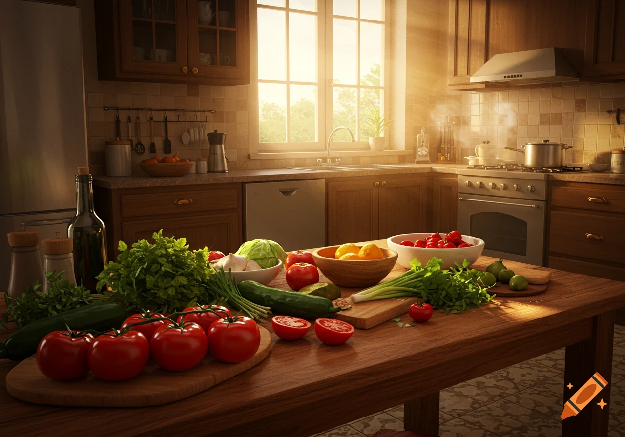A sunlit kitchen with a wooden table full of fresh vegetables like tomatoes, cucumbers, cabbage, and herbs, ready for cooking.