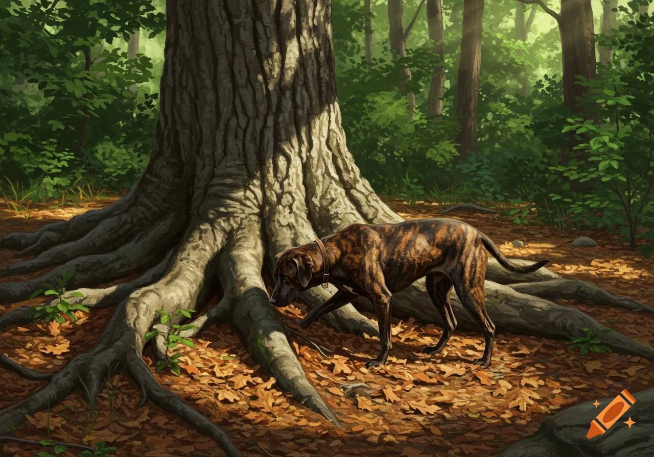 A brindle dog sniffs around the large exposed roots of an old oak tree in a sunlit forest, painted in a realistic style.