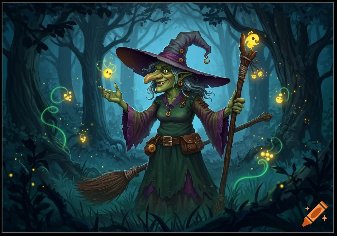 A cartoon witch with green skin, a large nose, and a pointy hat stands in a dark forest, holding a staff and glowing orbs.