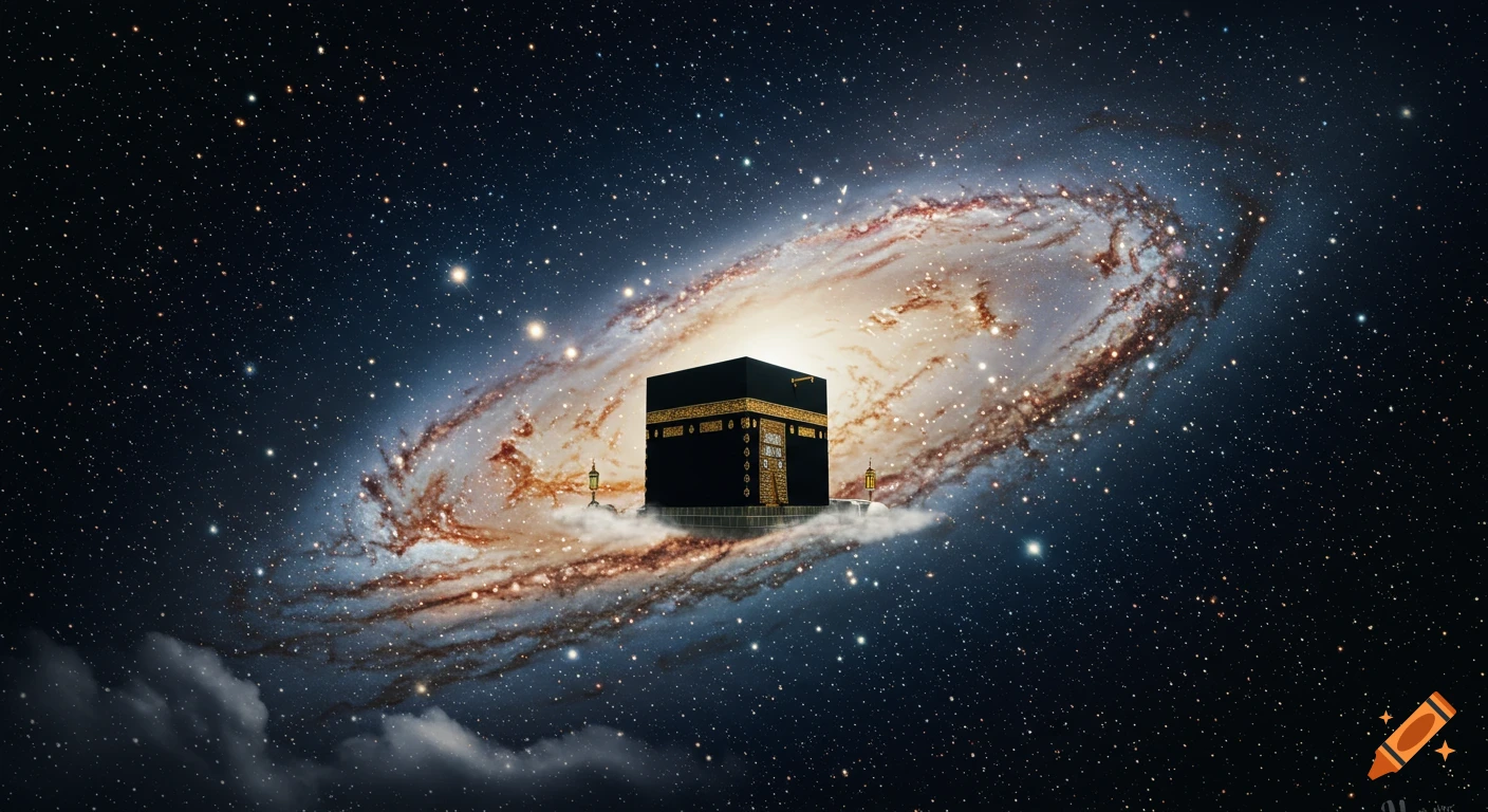 The black cube Kaaba building with golden calligraphy floats on clouds amidst a swirling, luminous galaxy and stars.