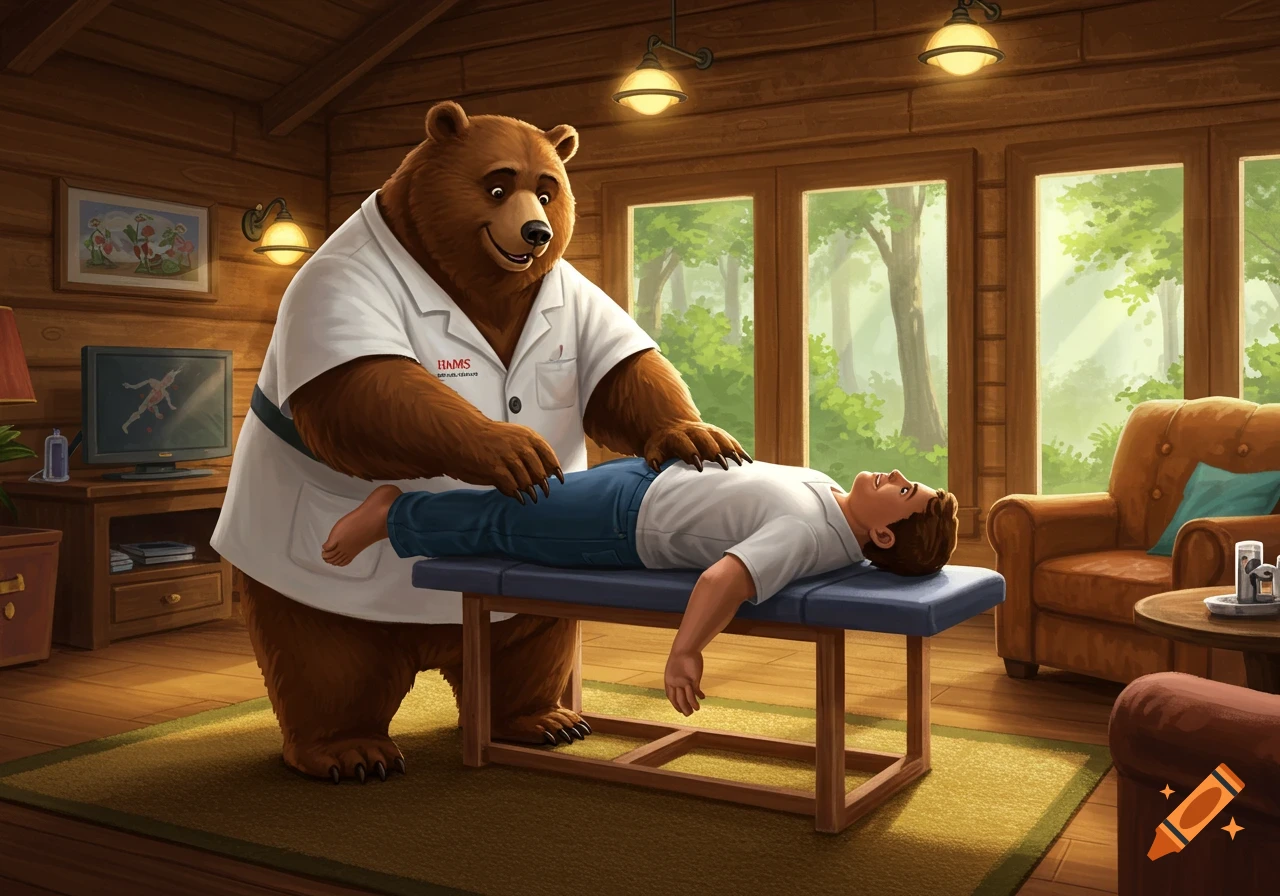 A cartoon bear in a lab coat performs chiropractic on a man on a table inside a wooden cabin.