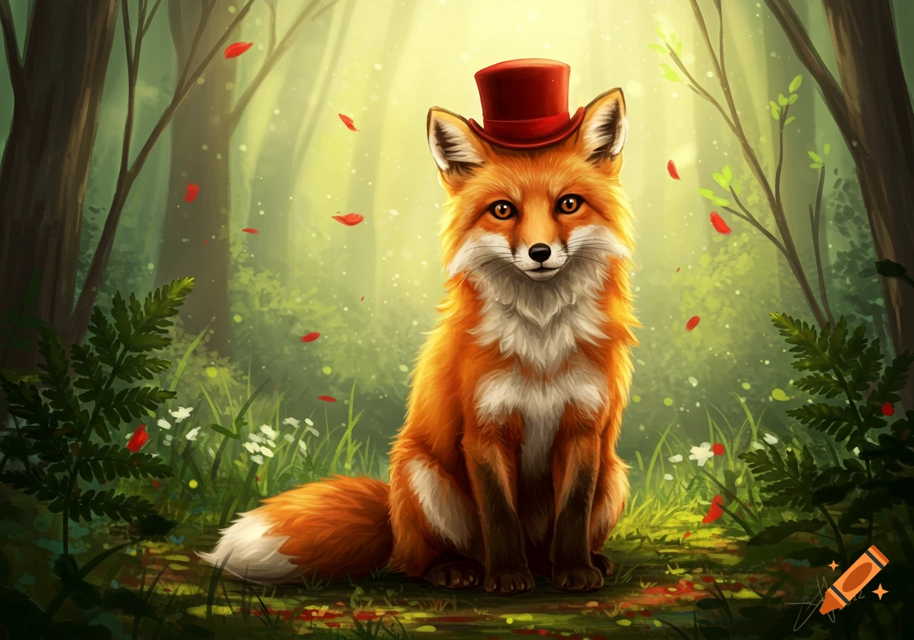 A cute orange fox wearing a red top hat sits in a vibrant, sunlit forest with red leaves falling.