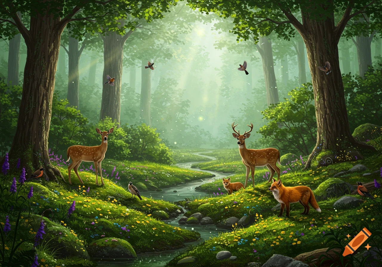 Lush temperate forest with deer, foxes, and birds by a winding stream under sun-dappled trees.