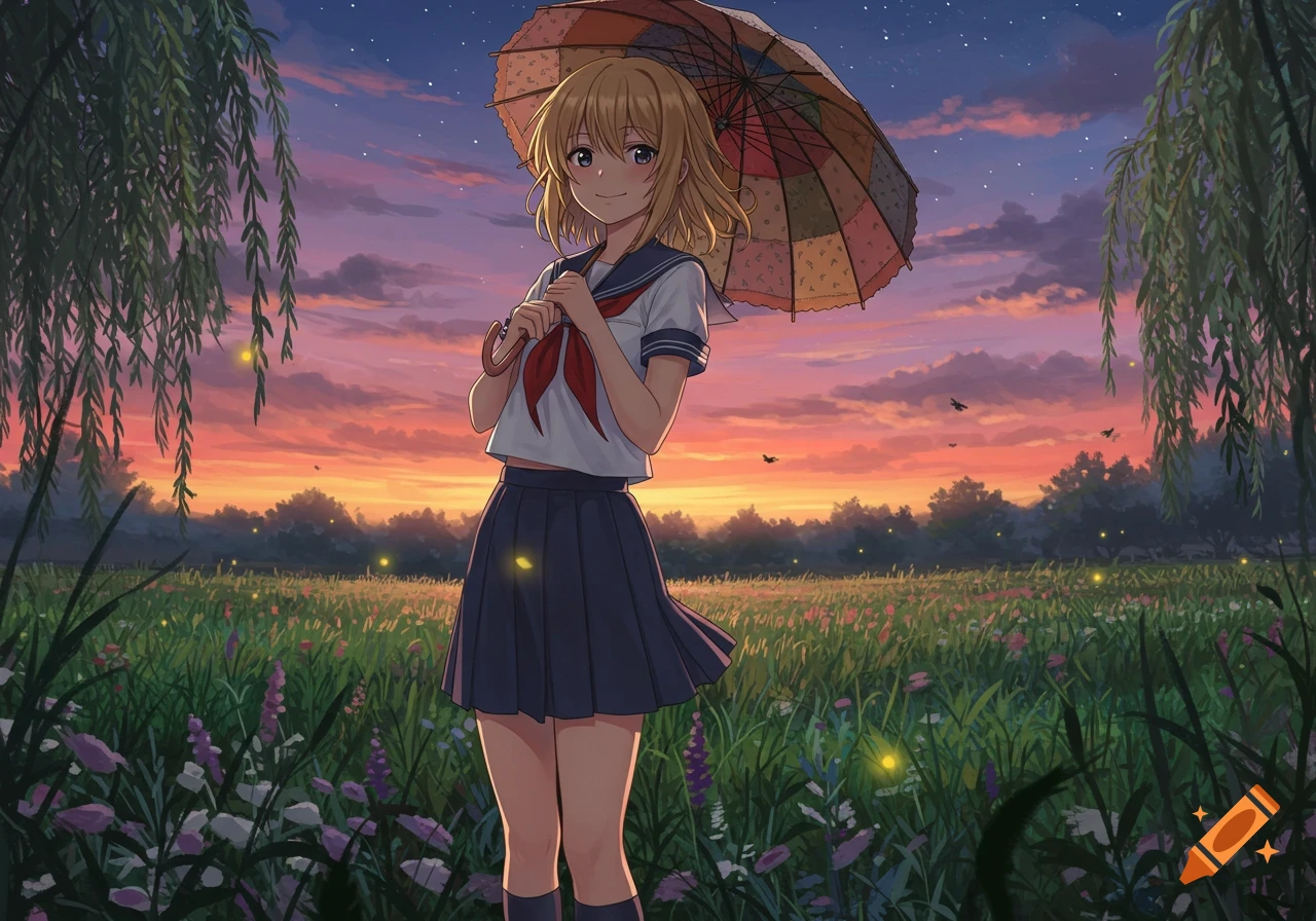 An anime girl with short blonde hair in a school uniform stands in a field of wildflowers holding an umbrella at sunset, with fireflies glowing.