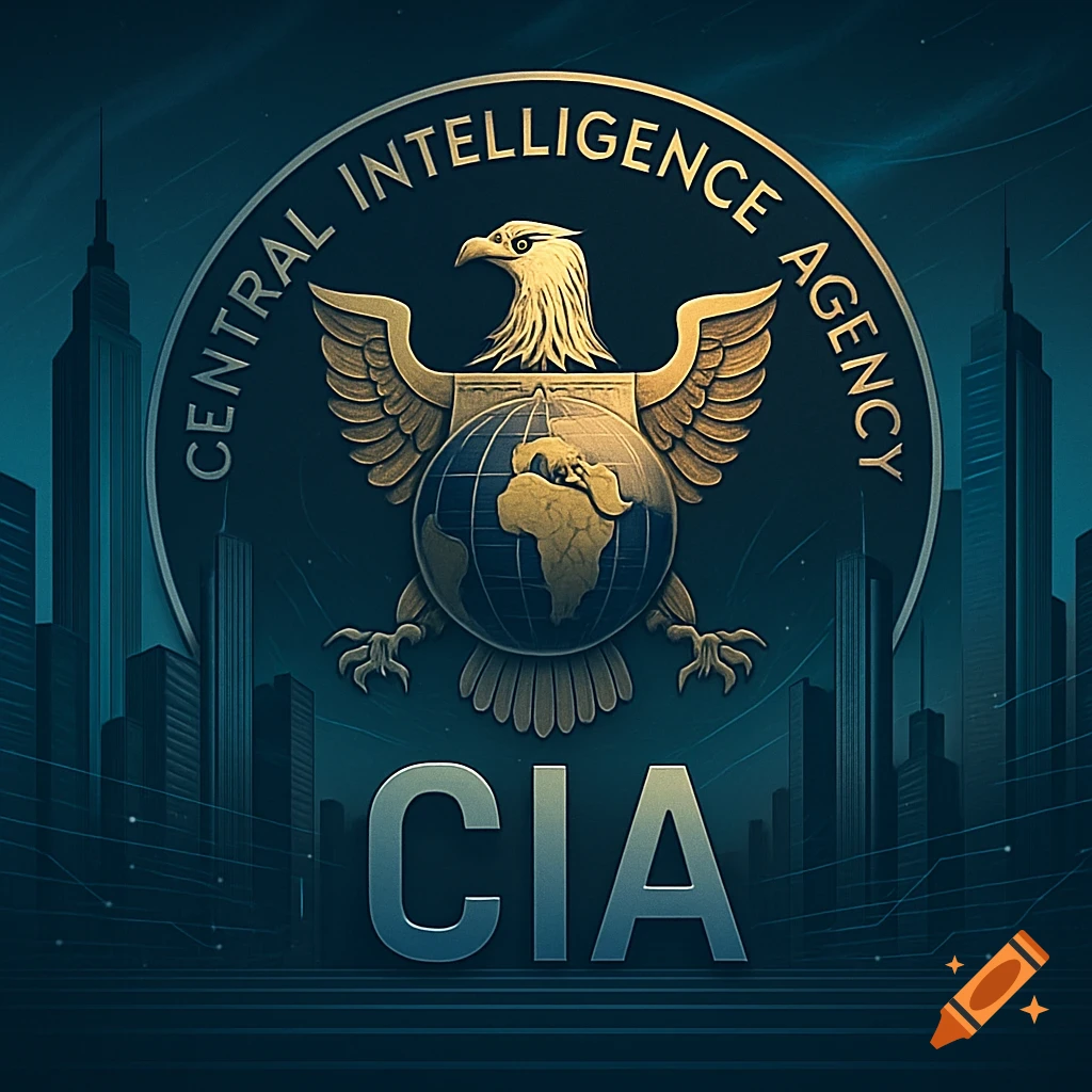 Stylized CIA logo featuring a bald eagle atop a globe, with "CENTRAL INTELLIGENCE AGENCY" and "CIA" text, set against a dark cityscape.