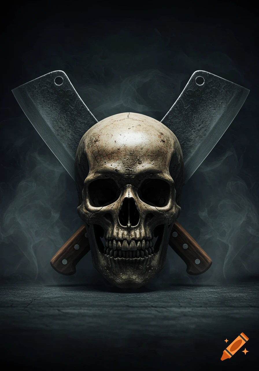 A photorealistic human skull with two crossed butcher cleavers against a dark, smoky background, resting on a stone surface.