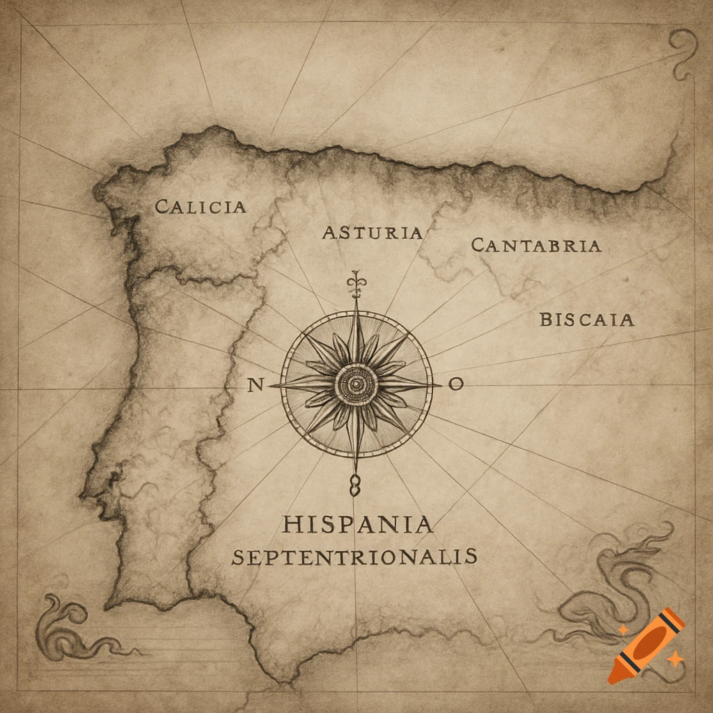 An antique sepia-toned map of northern Spain with a compass rose and hand-inked coastlines and place names.