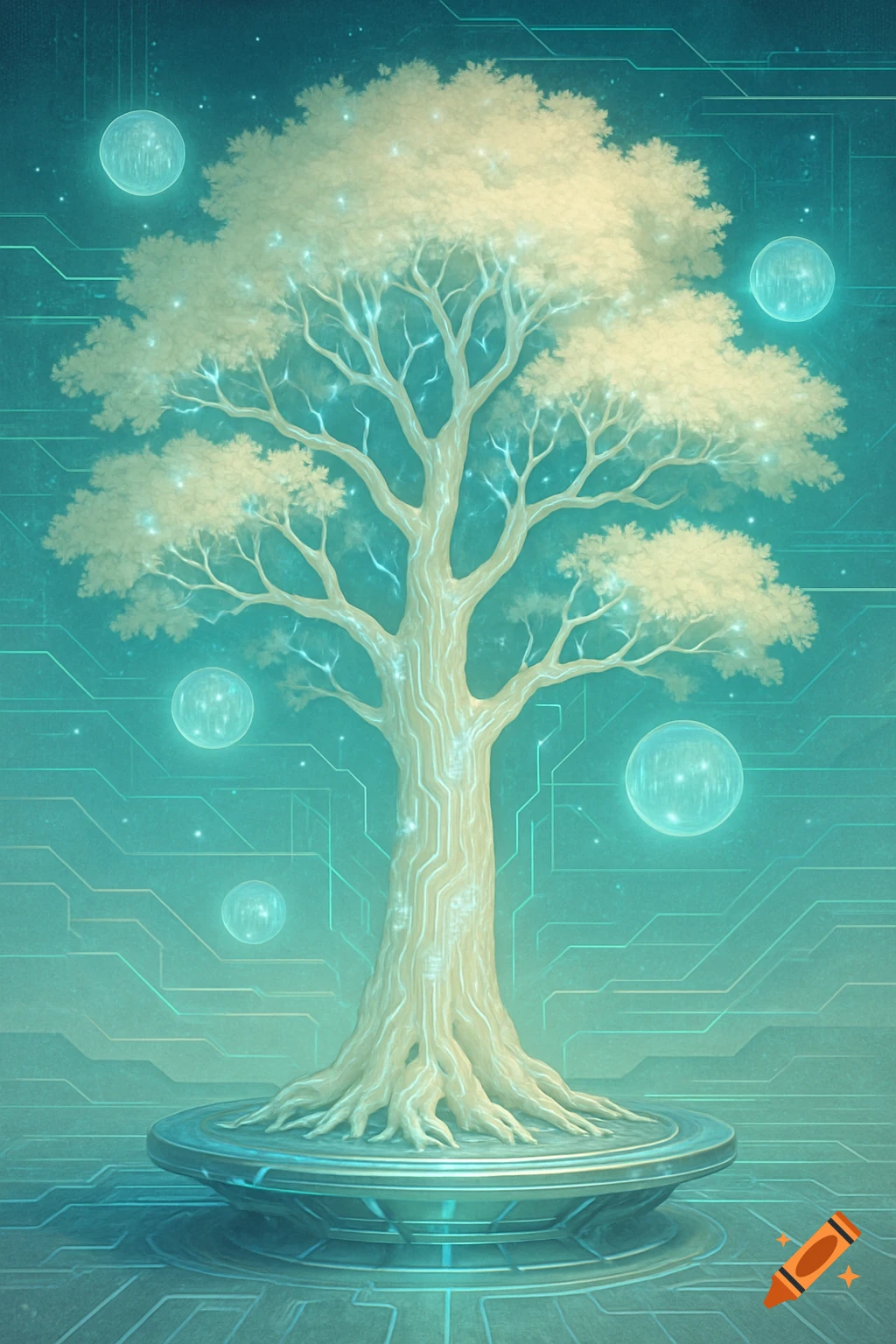 A glowing white tree with roots on a metallic platform, surrounded by teal circuit patterns and luminous orbs in a digital art style.