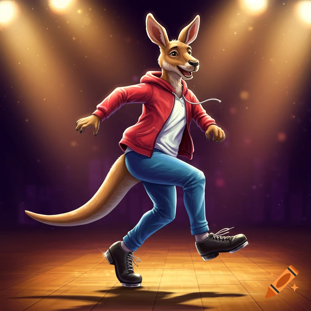 A happy anthropomorphic cartoon kangaroo in a red hoodie, blue pants, and black tap shoes, tap dancing on a spotlighted stage.