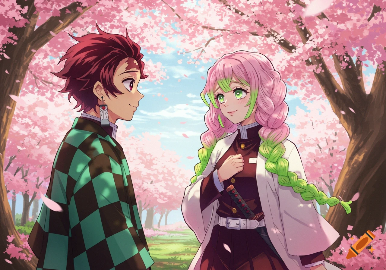 Anime-style illustration of Tanjiro and Mitsuri from Demon Slayer smiling at each other under blooming cherry blossom trees.