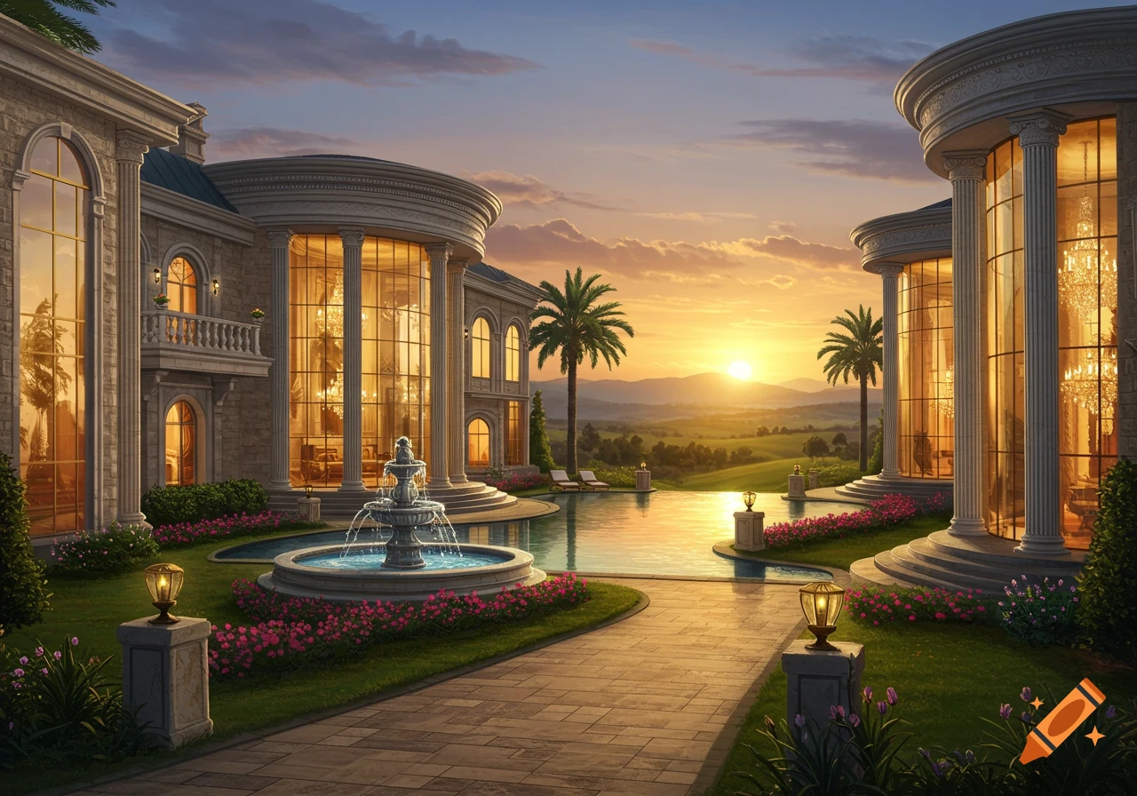 A luxurious mansion with a swimming pool and fountain at sunset, surrounded by palm trees and rolling hills.