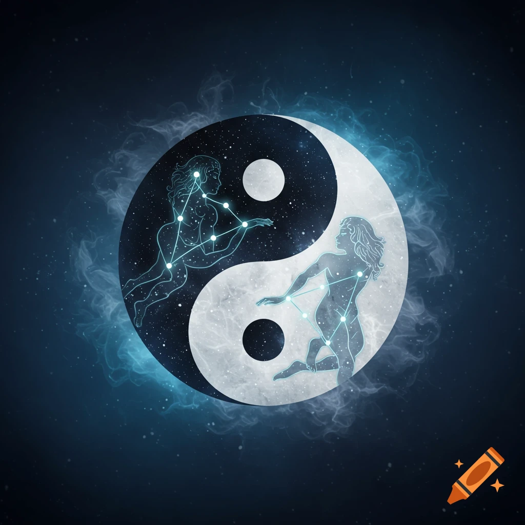 A stylized Yin and Yang symbol with cosmic figures representing Gemini constellations, set against a starry, smoky blue background.