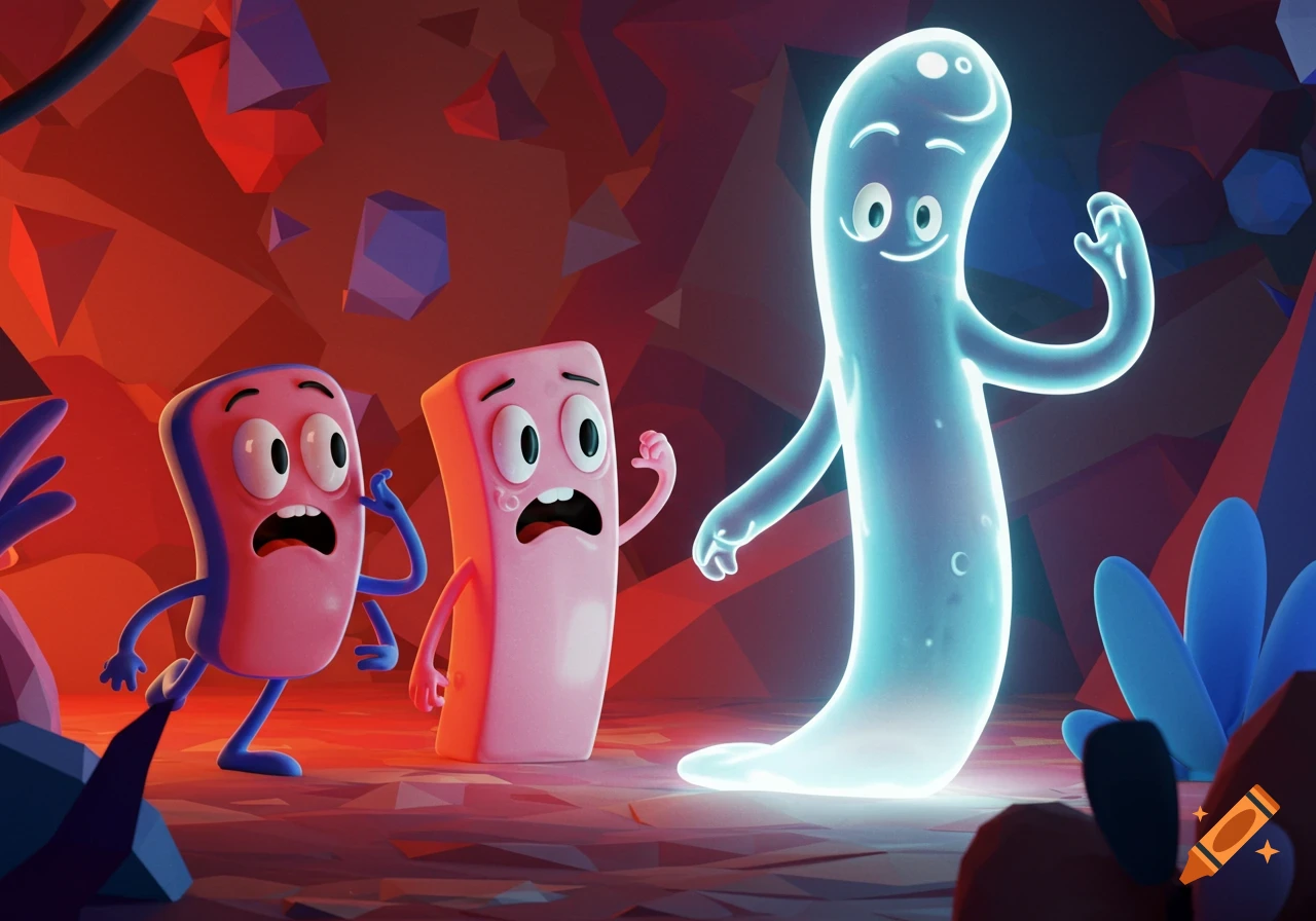 Two panicked pink rectangular cartoon characters look at a glowing blue ghost-like cartoon character smiling in a stylized cave with red and blue geometric formations.