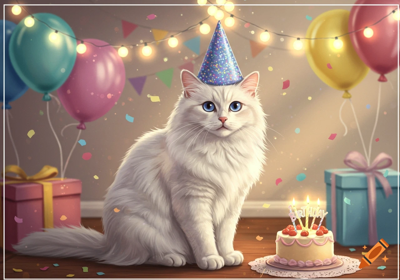 A fluffy white cat wearing a blue party hat sits on a wooden floor next to a small birthday cake with candles, surrounded by balloons and gifts.