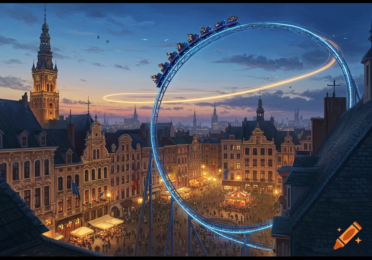 A glowing blue roller coaster loops over a festive European city square at dusk, with historic buildings, a clock tower, and a crowded market below.