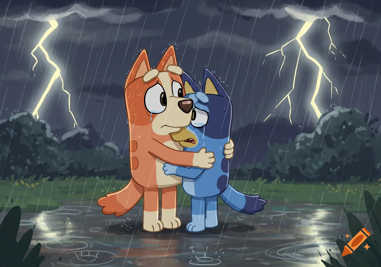 Cartoon dogs Bingo and Bluey hugging and crying during a thunderstorm with lightning.